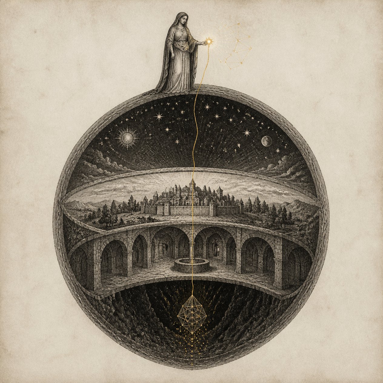 An engraved sphere cut open in bands: a starry sky with sun and moon, a walled city on the earth, vaulted arches around a well beneath it, and in the dark below a golden crystal lattice. A robed woman stands on top holding a star, and a golden thread runs from it down through every band to the lattice.
